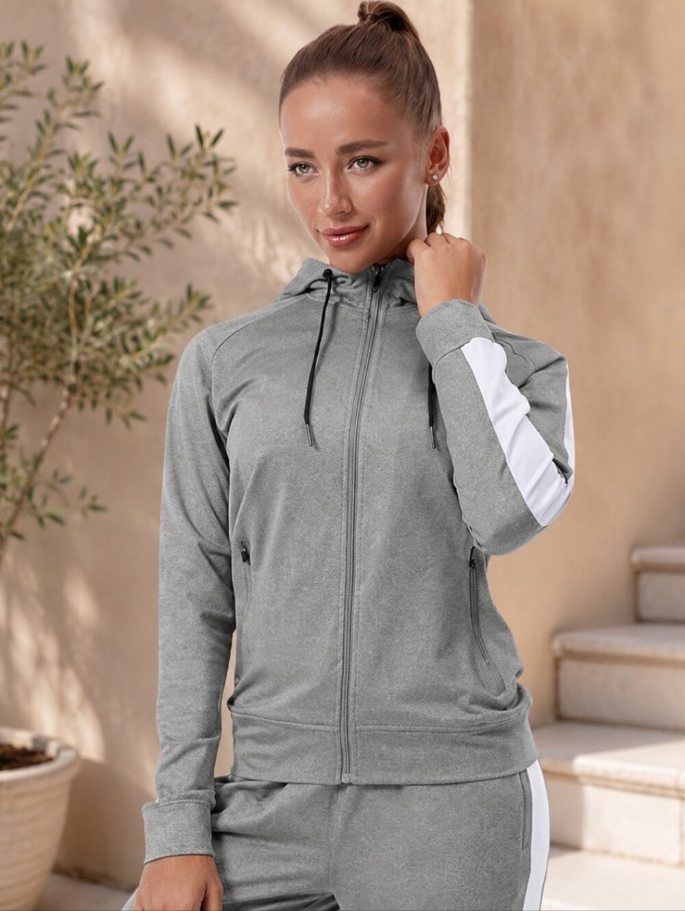 New Gray Zip-Up Hooded Jogging Jacket Sporty Running Athleisure Workout Sz S